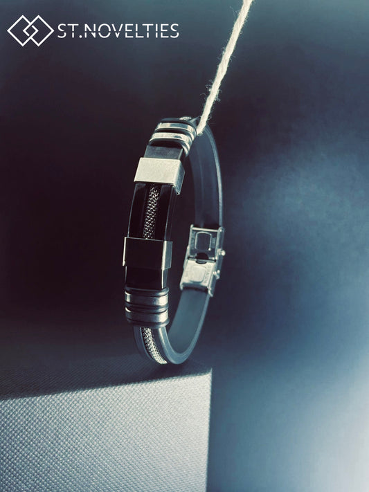 Silicone Chain Stainless Steel Bracelet For Men - Black